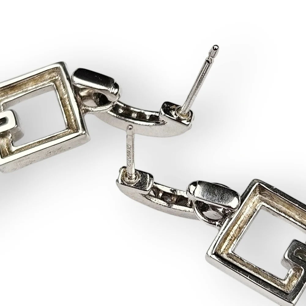 Sterling CZ Drop Post Earrings Rhodium Plated 925 Silver Double Square Prime Art